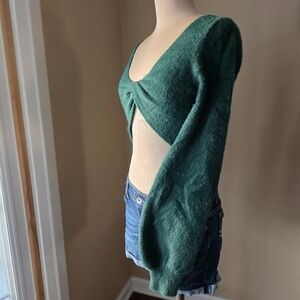 Shein Green Fuzzy Twist Front Crop Top Bishop Sleeves Size L